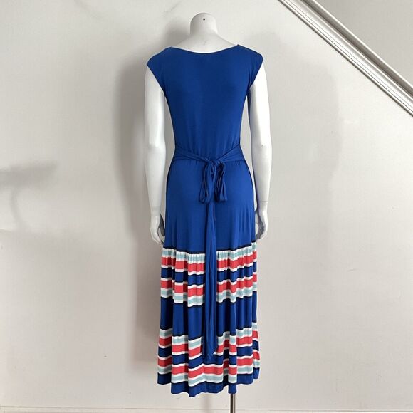 Boden Maxi Blue Eda Dress Striped Hem Cap Sleeve Stretch Belted 6 - Picture 2 of 13